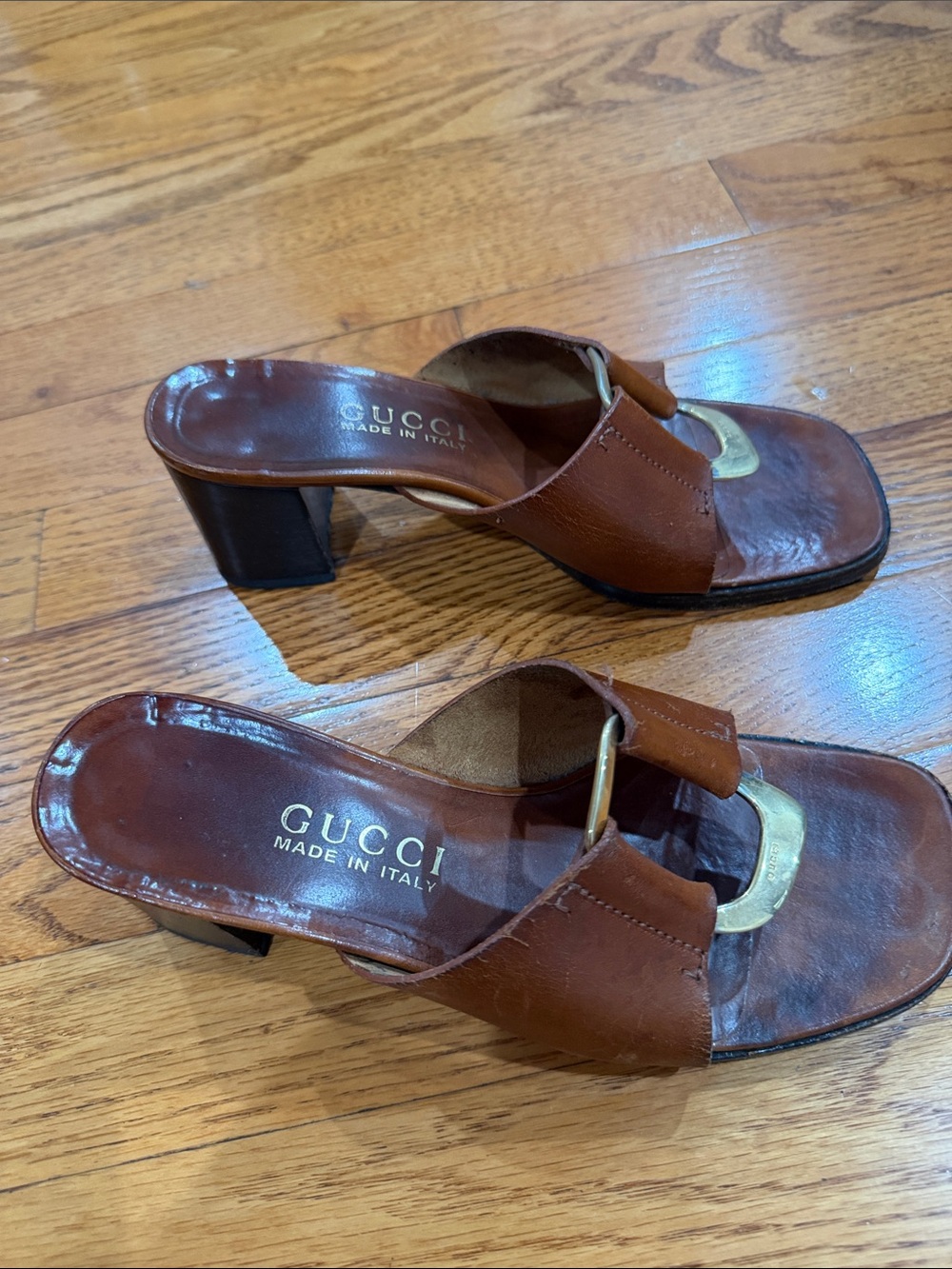 Gucci Brown Leather Heeled Mules with Gold-Tone Buckle